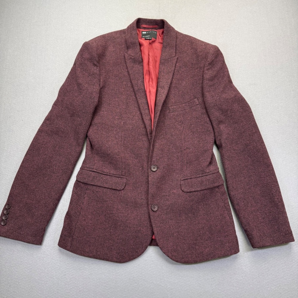 ASOS DESIGN Burgundy Wool Blend‎ Micro Check Blazer Jacket 38 Regular F103382